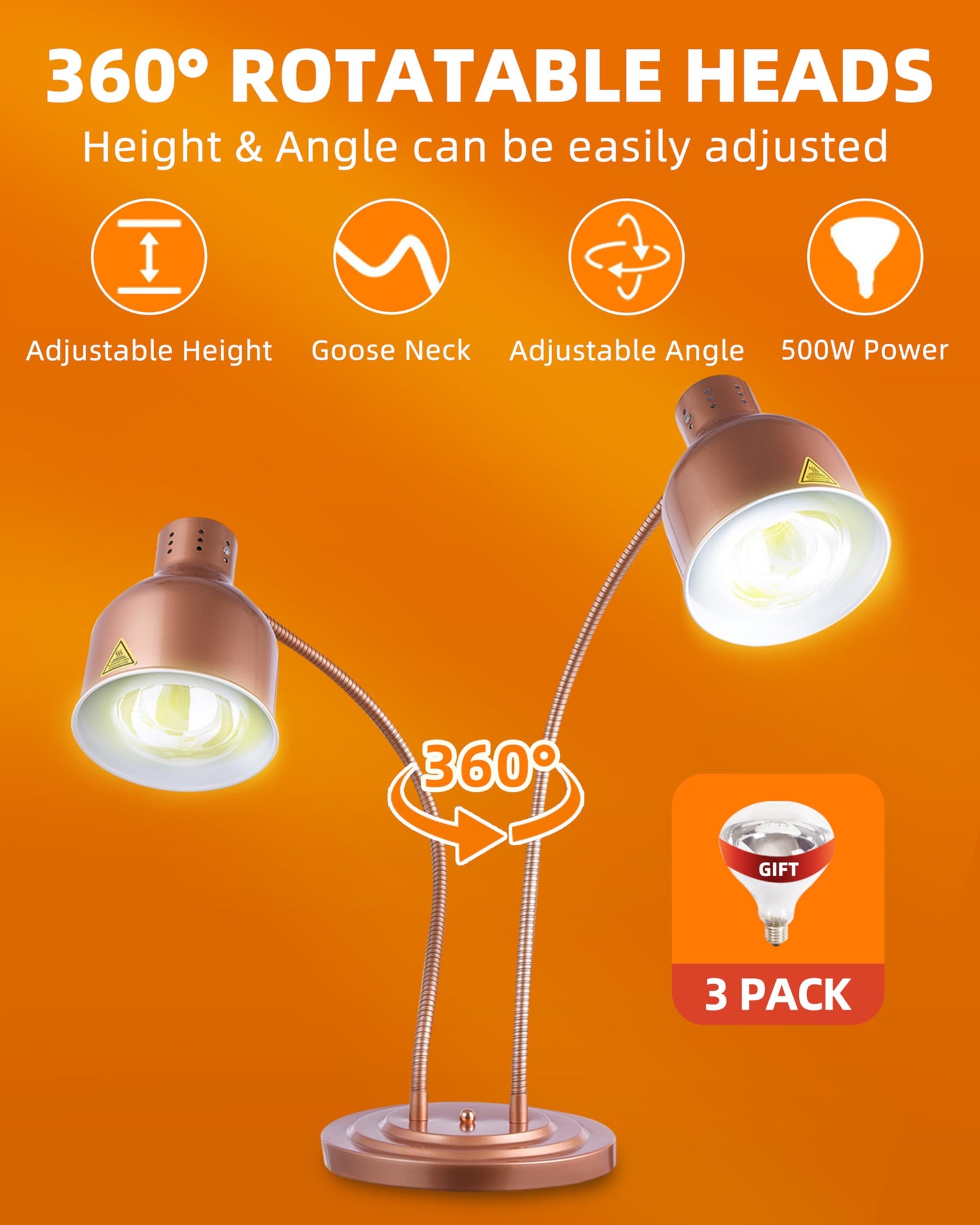 Food Heat Lamp: [Rapid-Heating Bulbs Included] [Steady Heating] Commercial Food Warmer Lamp, Electric Heat Lamp for Food Catering Food Warming Lamp for Buffet Parties (Painted Copper, 32" (2-Head))