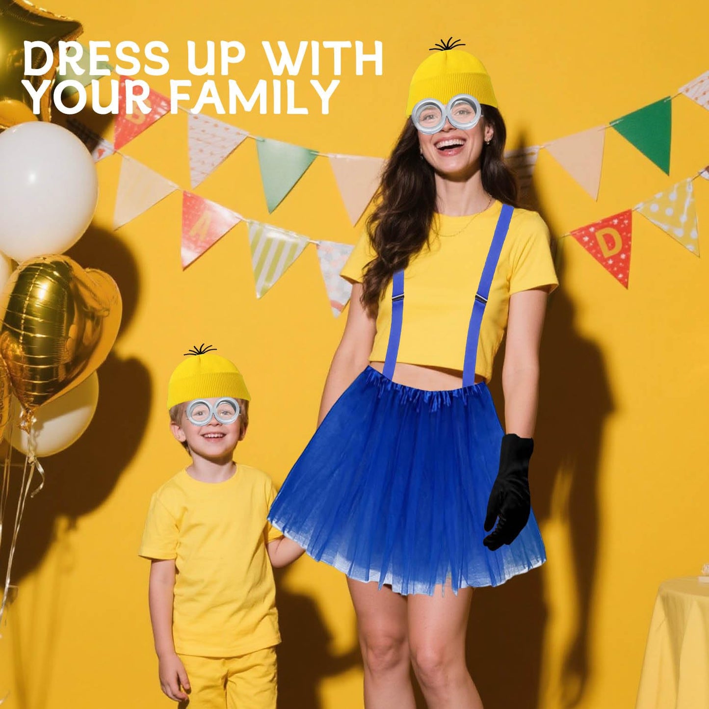 Tiny Chou 5 Pcs Halloween Costume Accessories Set Adult, Goggles Glasses, Yellow Beanie Knitted Hat, Black Gloves, Skirt and Suspenders for Men Women Cosplay Party Halloween Dress Up