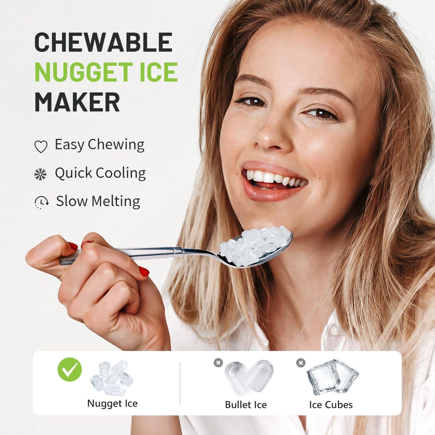 Nugget Countertop Ice Maker With Soft Chewable Ice 40Lbs, Pebble Sonic Ice Machine With Basket And Scoop, Ready In 5 Mins, 40Lbs