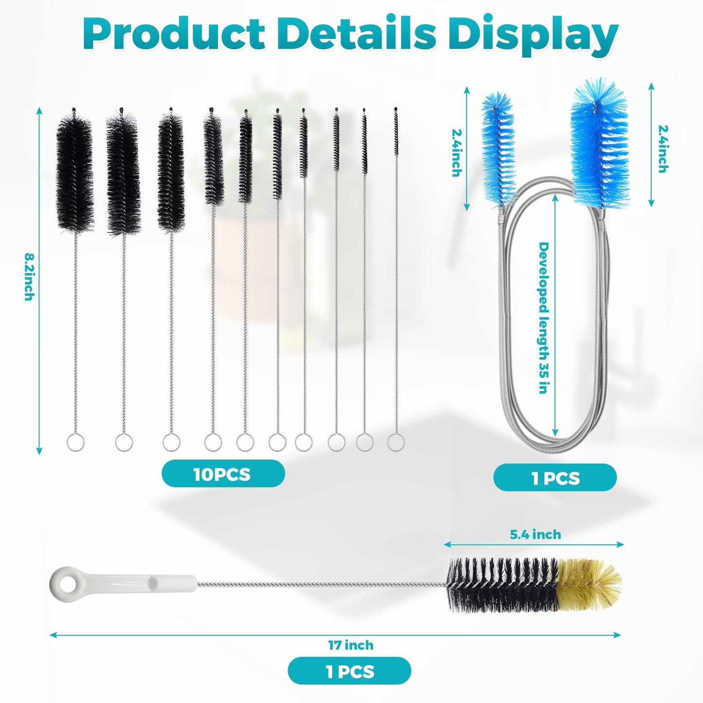 12 Pack Glass Tube Pipe Cleaner Brush Set, for Cleaning Long Neck Bottle, Bent Glass Tube,17-inch Long Handle Brush,8.2-inch Different Diameters Brushes,35-inch Flexible Double Ended Cleaner