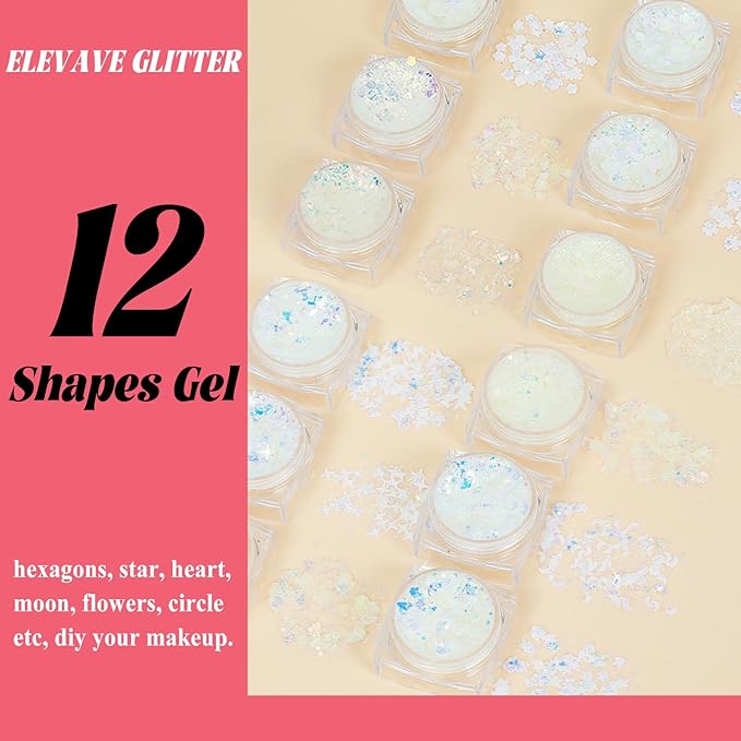 Body Glitter Face Glitter, Hair Glitter for Kids, 12 Shapes Fine Chunky Glitter Gel for Women Girls Makeup Sparkles Party Mermaid Sequins Rave Accessories Singer Concerts (White-Gold-Sliver-Pink)
