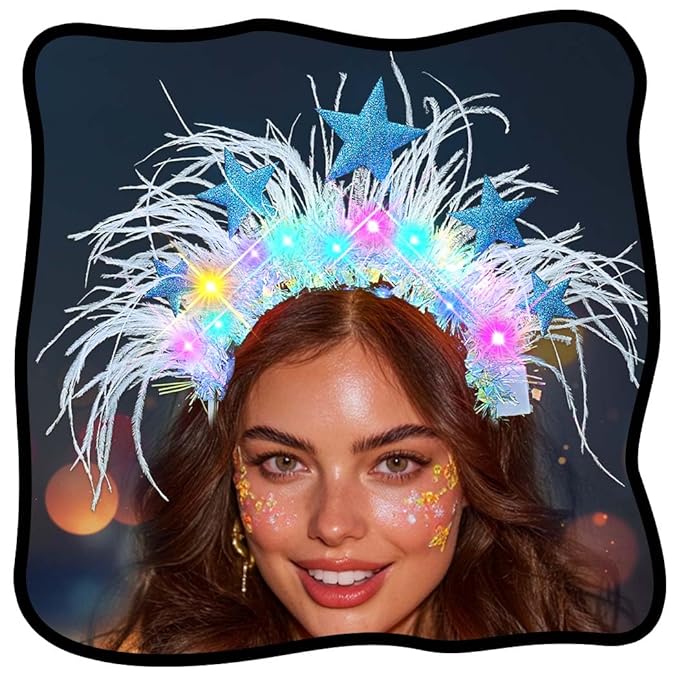 Campsis Light up Star Headbands, Blue LED Feather Headpiece, Glowing Costume Rave Hair Accessories for Women