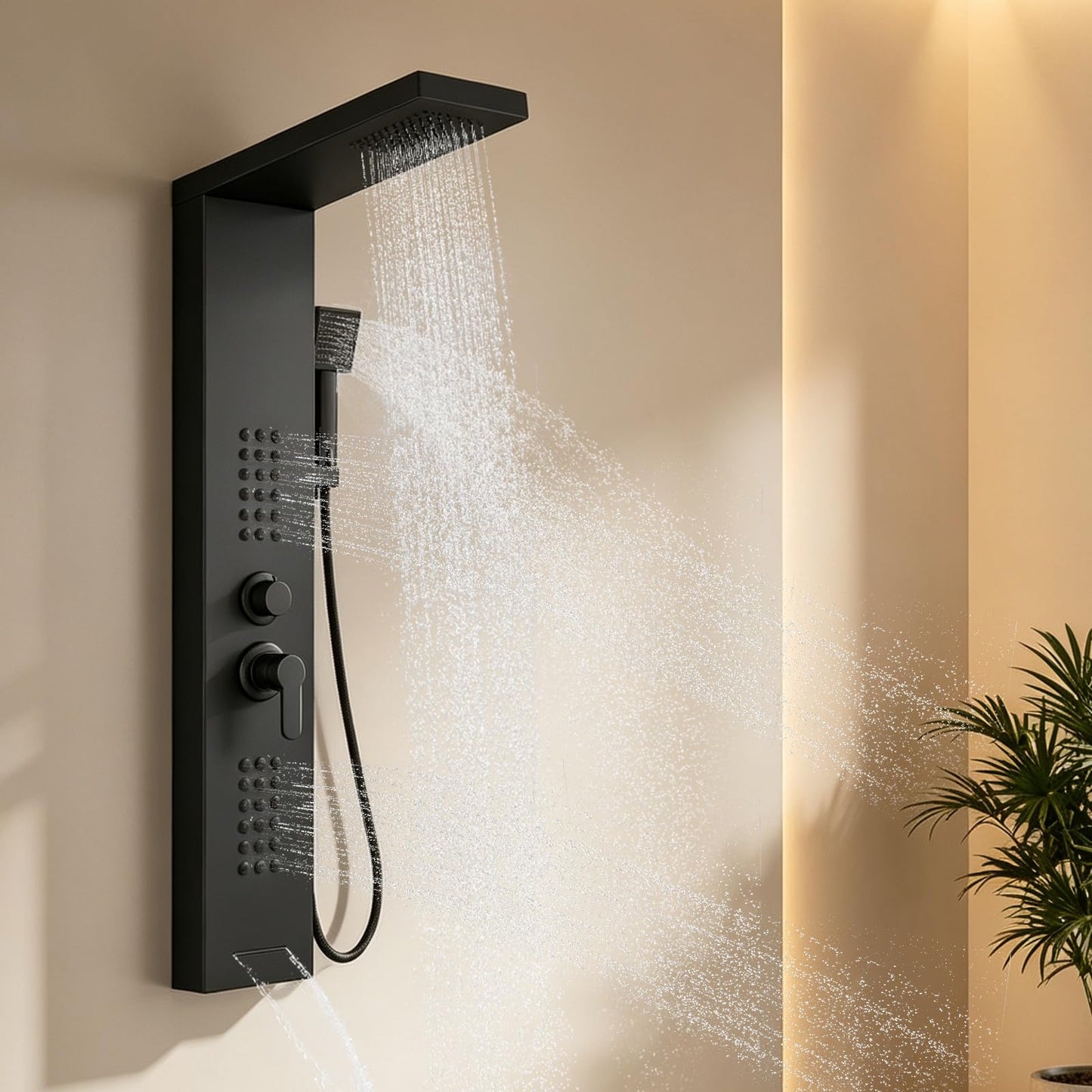 ROVATE Shower Panel Tower System with Rainfall Shower Head, Elegant Matte Black Shower Tower with Powerful Body Jets, Handheld Shower and Tub Spout, Stainless Steel Shower Column Black High Pressure