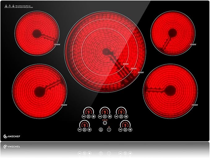 AMZCHEF Electric Cooktop 36 Inch,5 Burners Built-in Electric Stove Top,Max 9000W Ceramic Glass Countertop with Touch Contr...