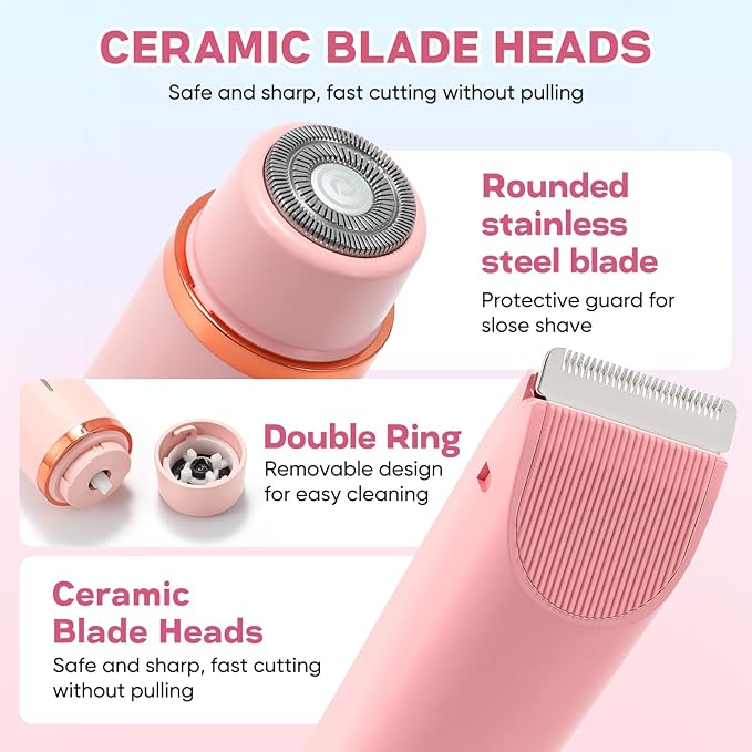 2 in 1 Women Electric Shaver Dual Head Bikini Trimmer for Women IPX7 Waterproof Wet & Dry Use Body Hair Trimmer and Facial Hair Remover for Bikini Underarm Leg Arm Body Face