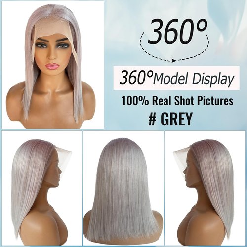 Blonlier Grey Bob Human Hair Wigs 13x4 HD 180% Density Lace Front Wig Human Hair Silver Glueless Wigs Human Hair （14in）