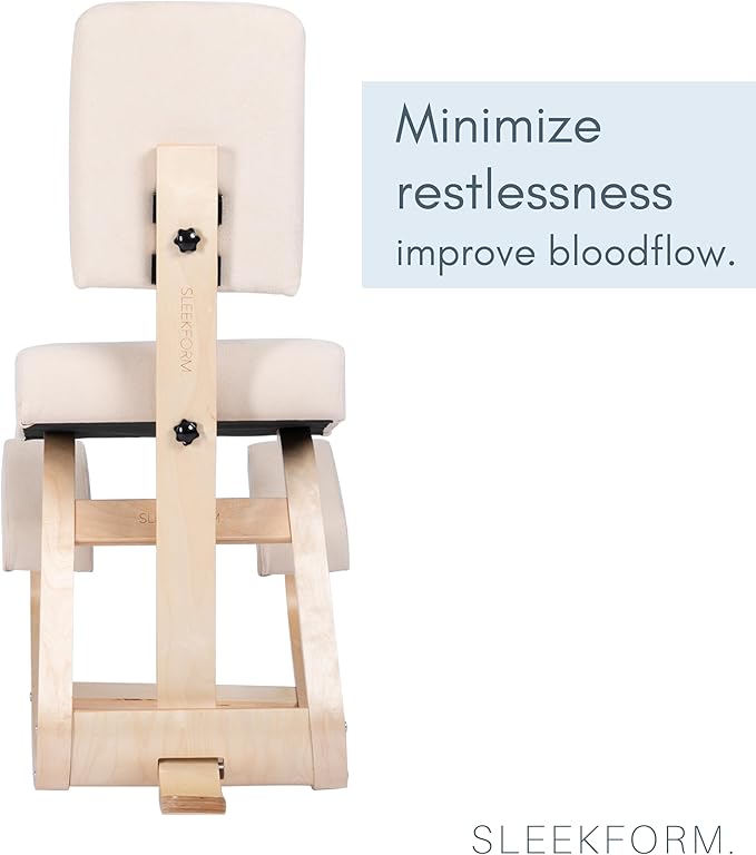 Sleekform East Austin Ergonomic Kneeling Chair with Back Support - Winter Linen and Wood Ergo Stool for Desk - Best Ergonomic Kneeling Office Chair for Posture and Leg Circulation