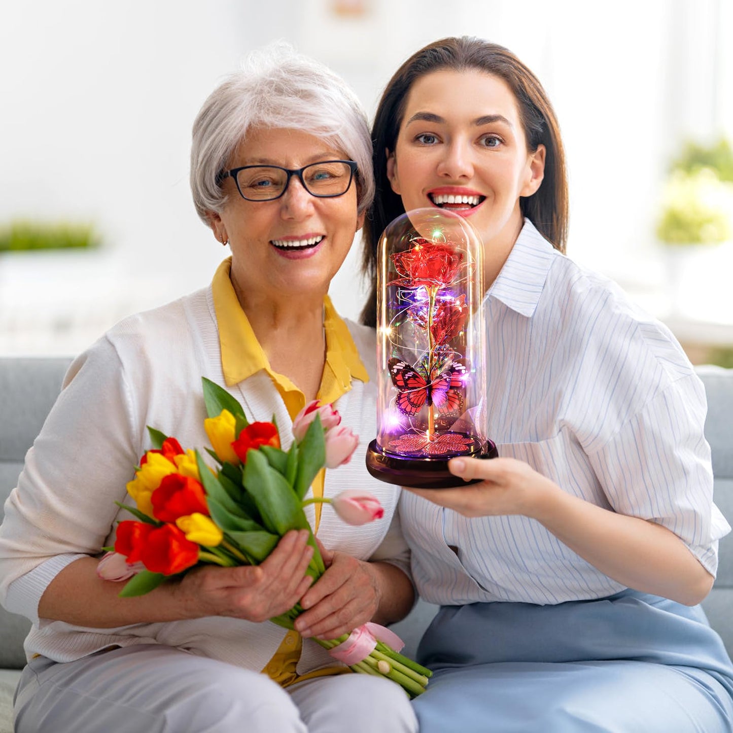 Birthday Gifts for Women Mom, Rechargeable Galaxy Glass Rose Light Up Rose In Glass Dome Forever Crystal Flowers Butterfly Gift Anniversary Christmas Roses Gifts for Her Wife Sister Friends Red