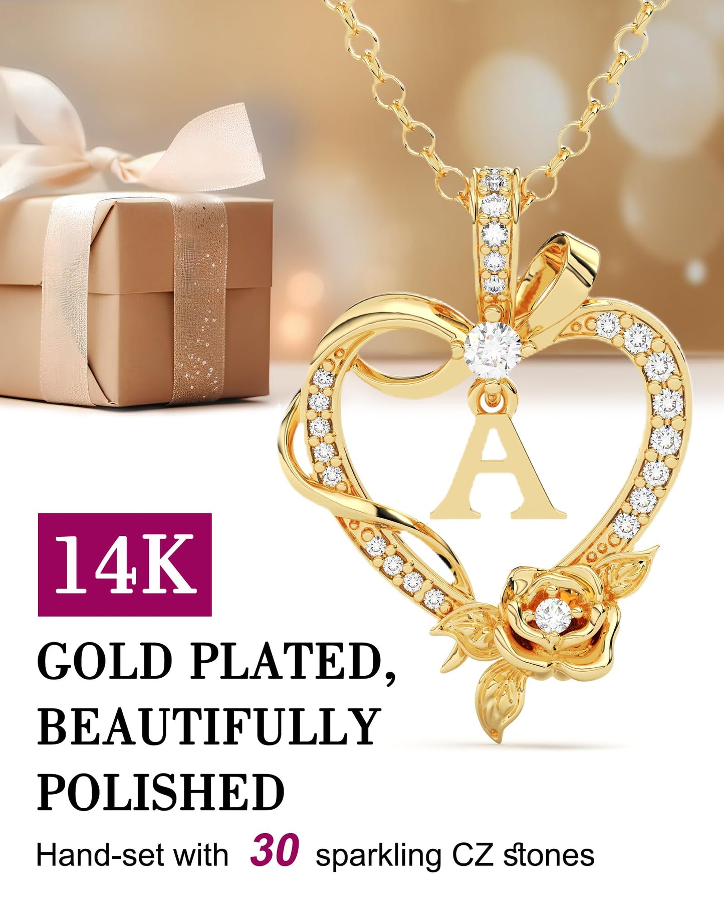 AGZBT Initial Heart Necklace Gift for Women – 14K Gold Plated Rose Pendant, Personalized Letter Jewelry for Wife, Mom, Grandma, Sister – Birthday, Anniversary for Her, Gold I