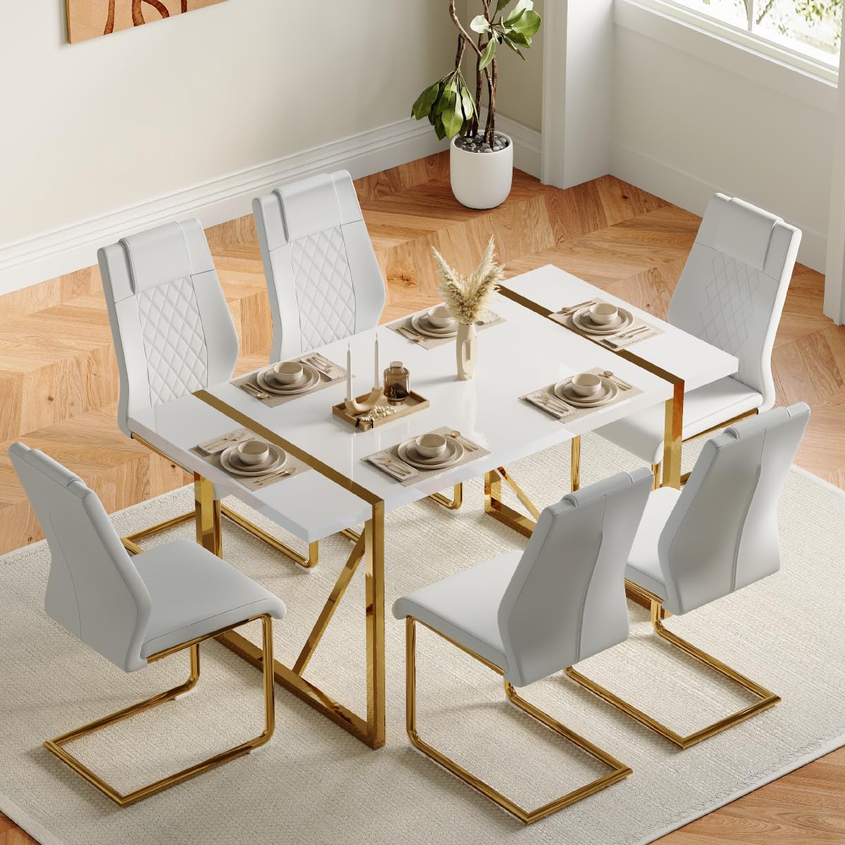 gopop Dining Table Set for 6, Kitchen Table Chairs Set of 6, 55" White High-Gloss Lacquered Tabletop & Electroplated Metal Frame, Modern Kitchen Tables with 6 Chairs for Dining Room