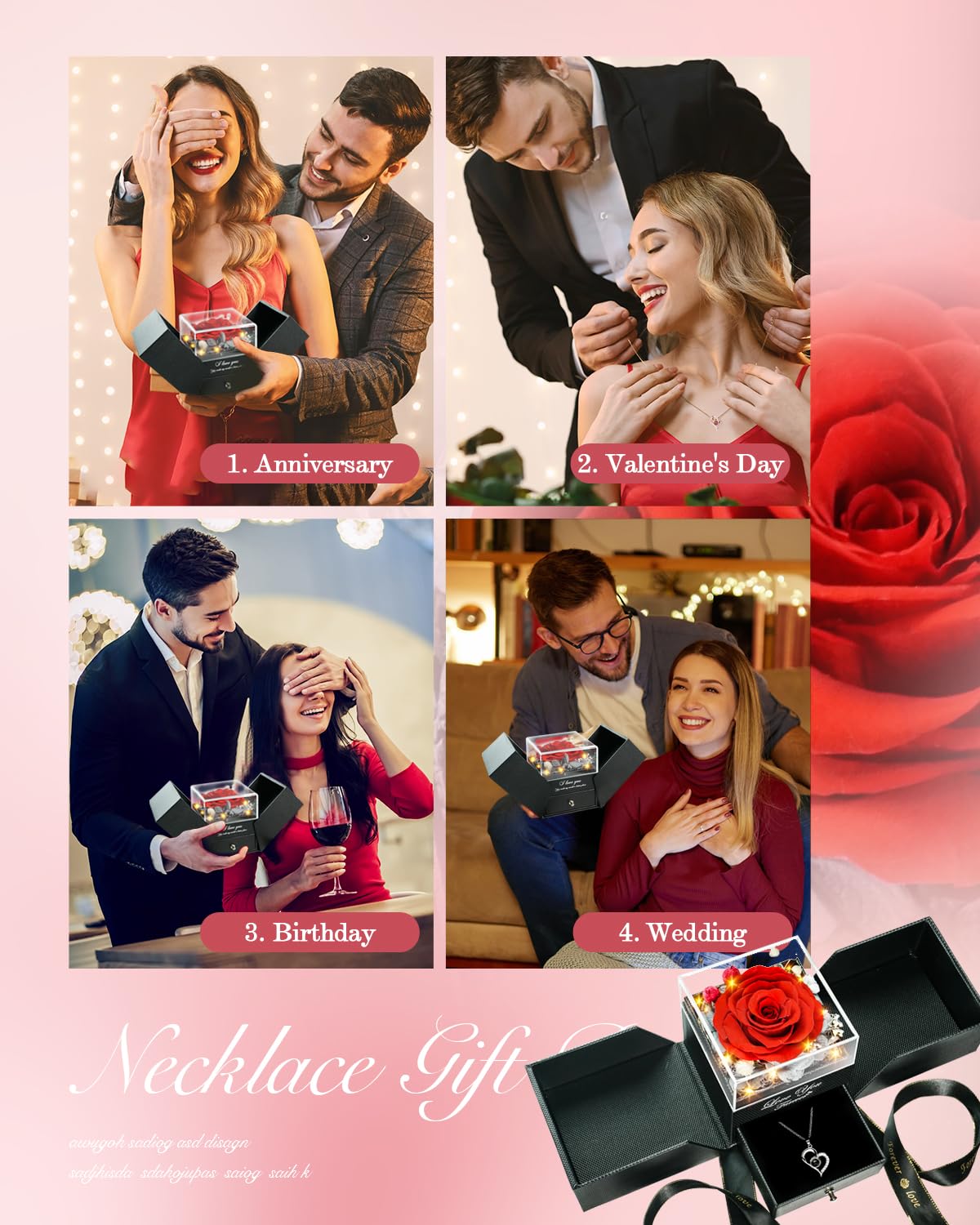 Birthday Gifts for Women, Preserved Real Roses with Heart Necklace I Love You in 100 Languages, Romantic Anniversary Wedding Gifts for Women Her Girlfriend Wife, Forever Roses Necklace Gift Box Red