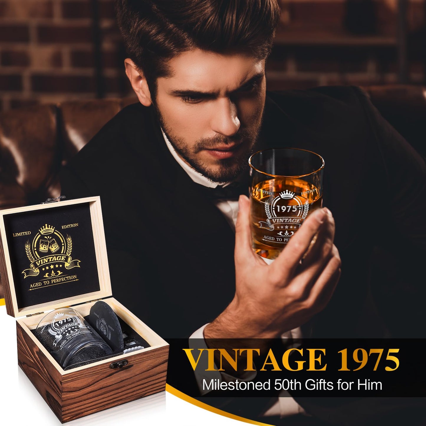 veecom 50th Birthday Gifts for Him, Funny 50th Birthday Gifts for Men, 12oz Whiskey Glasses for Dad, Boss, Brother, Mens 50th Birthday Gift Ideas, Cool Gifts for 50th Birthday Bourbon Gift, Wood Box