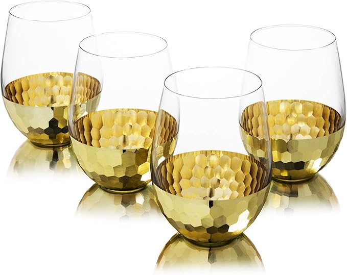 MyGift Modern Stemless Champagne Flute Glass Set of 4 Party Drinkware, Cocktails Prosecco Mimosa Glasses with Hammered Bra...
