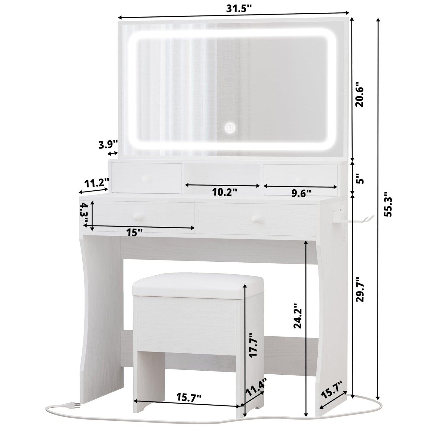 LIKIMIO Vanity Desk with LED Lighted Mirror & Power Outlet & 4 Drawers, Makeup Table Set with Storage Stool and Hair Dryer Stand, White