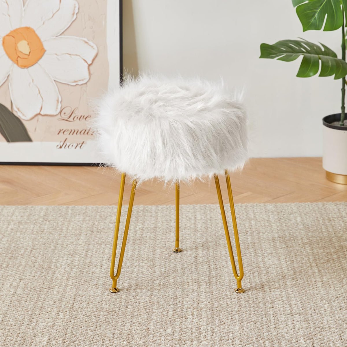 IBUYKE Faux Fur Vanity Stool Chair, Furry Makeup Stool Ottoman, Soft Padded Seat, Round Footrest Footstools with 4 Metal Legs, for Living Room Bedroom Entryway, White LG-32W