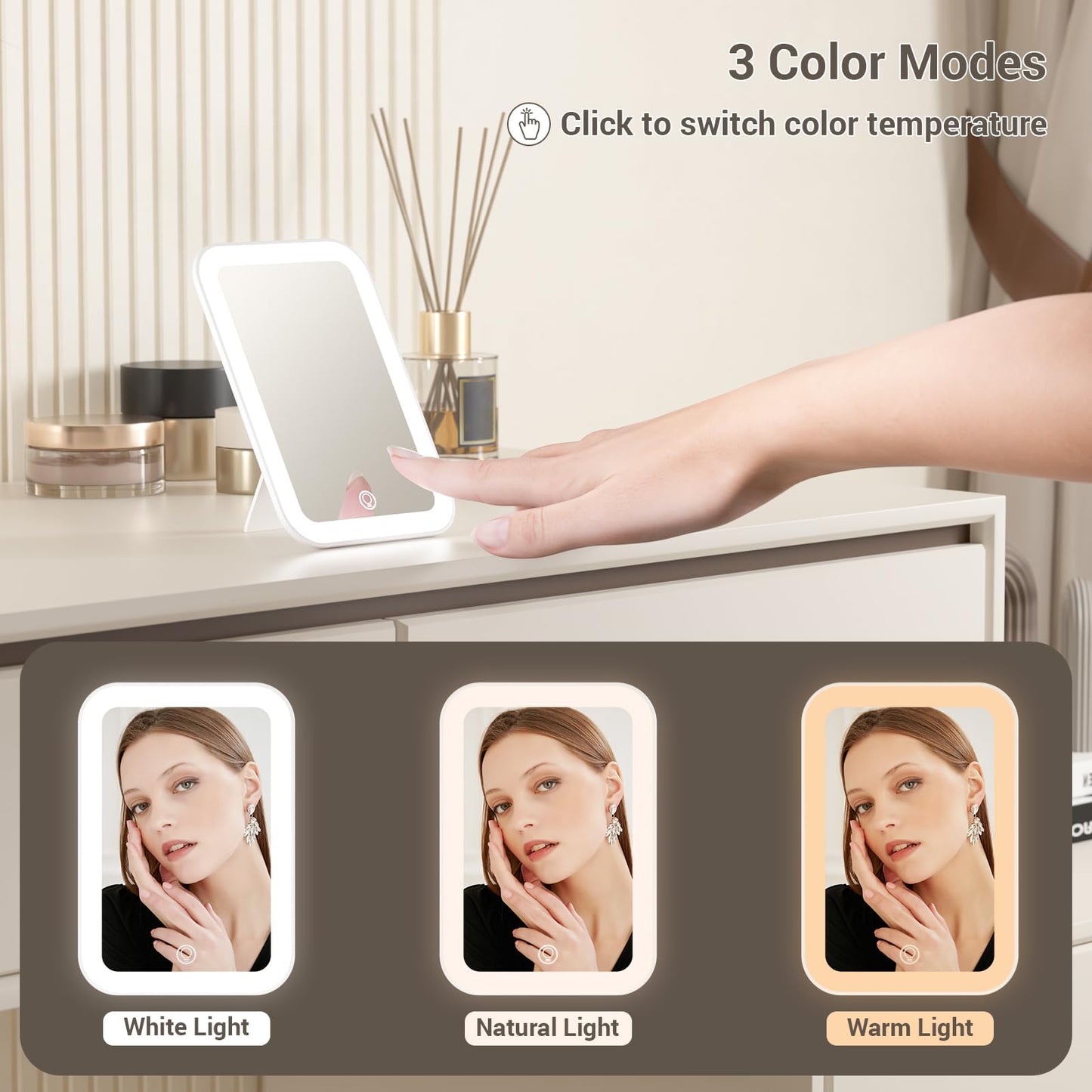 Kintion Travel Makeup Mirror, 6*4.2 Rechargeable Portable LED Lighted Tabletop Vanity Mirror, 3 Colors Touch Dimmable Compact Mi
