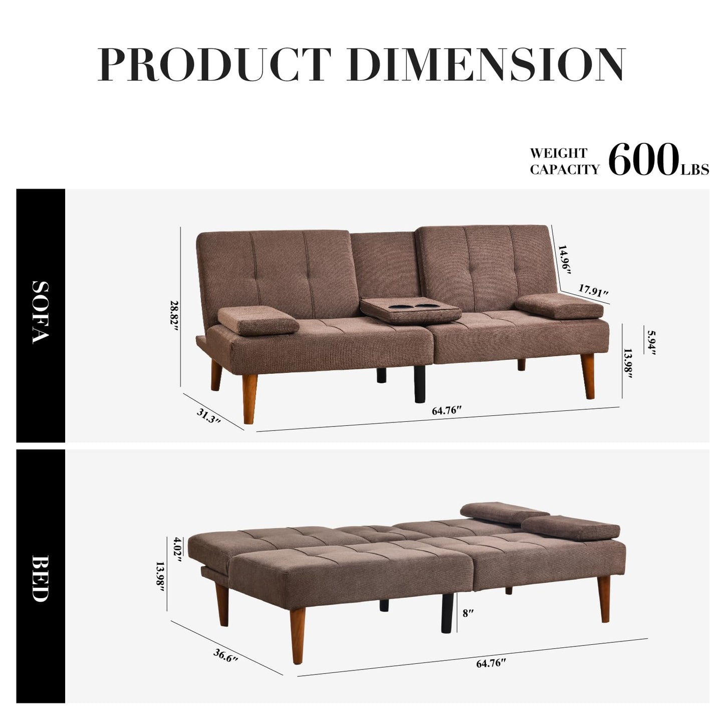 COLAMY Futon Sofa Bed-Fabric Small Couch, Lounge Convertible with 2 Cup Holders, Removable Soft Armrest, Adjustable Backrest for Dorm/Bedroom/College