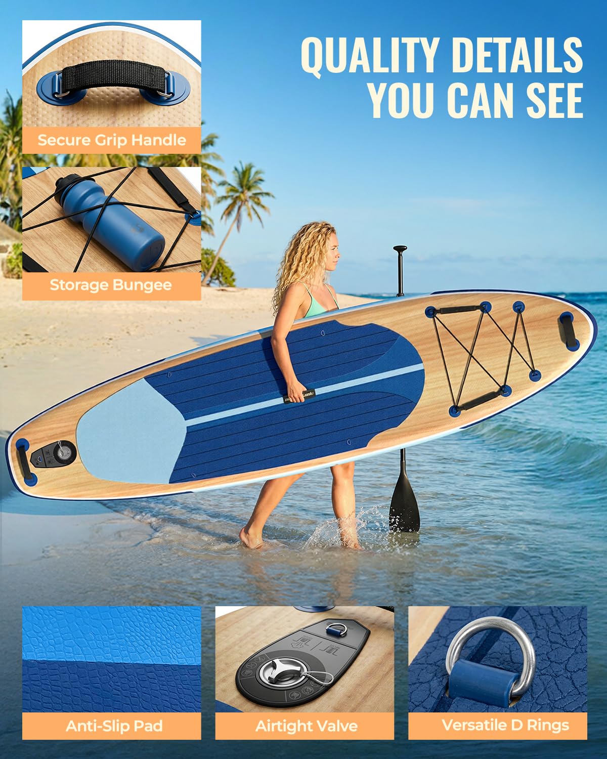 Marsdorgan 11' Inflatable Paddle Board Light Oak | Extra Wide SUP with Non-Slip Deck for All Levels | Portable for Lake Ocean, Complete Accessory Package