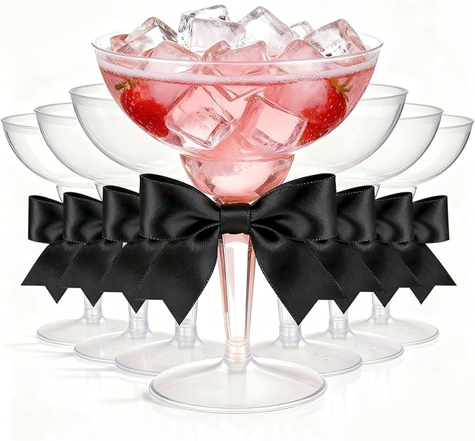 LemonRoad 24 Pcs Clear Plastic Martini Glasses with Bows, 12 oz Disposable Plastic Margarita Cups, Shatterproof Cocktail C...
