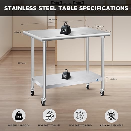 PIUMACU Stainless Steel Table with Wheels 24 x 36 Inch Commercial Stainless Steel Prep Table, Metal Table for Kitchen Restaurant Garage