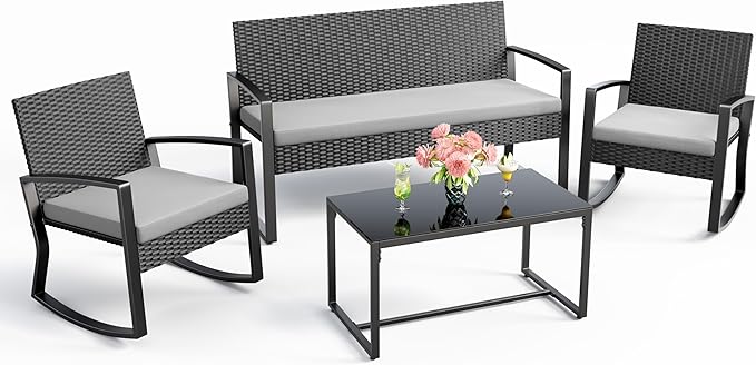 Ahomly 4 Piece Outdoor Patio Furniture Set, Wicker Patio Furniture with Glass Coffee Table, Rocking Wicker Bistro Set, for Backyard, Poolside, Porch (Grey)