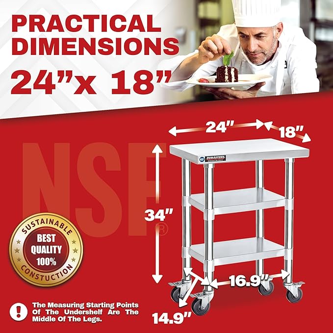 DuraSteel Stainless Steel Work Table 24" x 18" x 34" Height w/ 4 Caster Wheels - Food Prep Commercial Grade Worktable - NSF Certified - Good for Restaurant, Business, Warehouse, Home, Kitchen, Garage