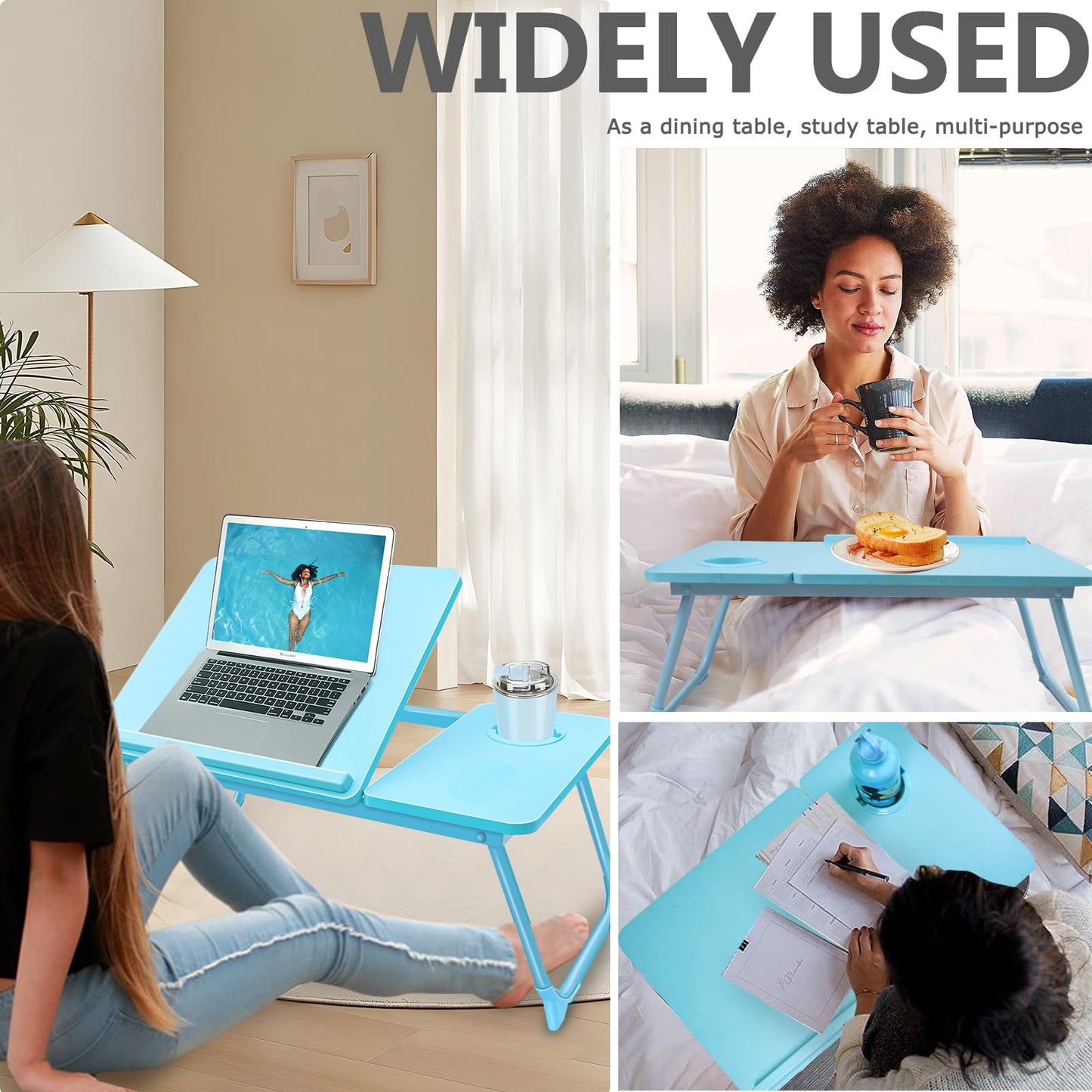 Laptop Desk for Bed Couch,Lap Desk for Laptop,Portable Laptop Stand for Desk,Small Adjustable Laptop Desk,Foldable Bed Table for Laptops and Writing, Bed Tray Table with Cup Holder(Blue)