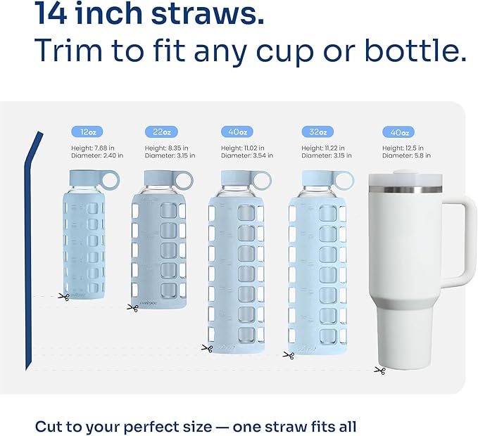 purifyou Extra Long 14.5" Reusable Silicone Straws with Flexible Tips, Cleaning Brush, & Portable Case - Fits with 40oz Stanley Cups, Tumblers & More (Set of 4)