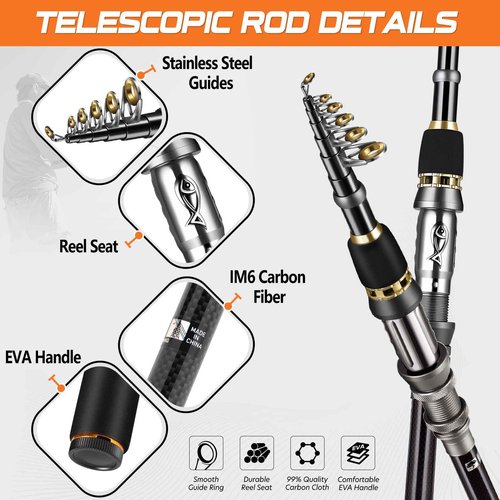 PLUSINNO Fishing Rod, Telescopic Fishing Rod and Reel Combo, Collapsible Travel Fishing Pole Rod Starter Kit, Carbon Fiber Fishing Rods and 12 +1 Bearings Steel, Fishing Gear Gifts for Men Adults