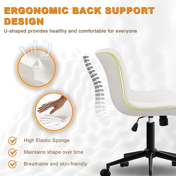 VATROS Office Chair, Armless Desk Chair with Wheels, Ergonomic Comfy Home Office Computer Task Chairs, Faux Leather Padded Cute Vanity Chair, Adjustable Height Swivel Chair with Back,White