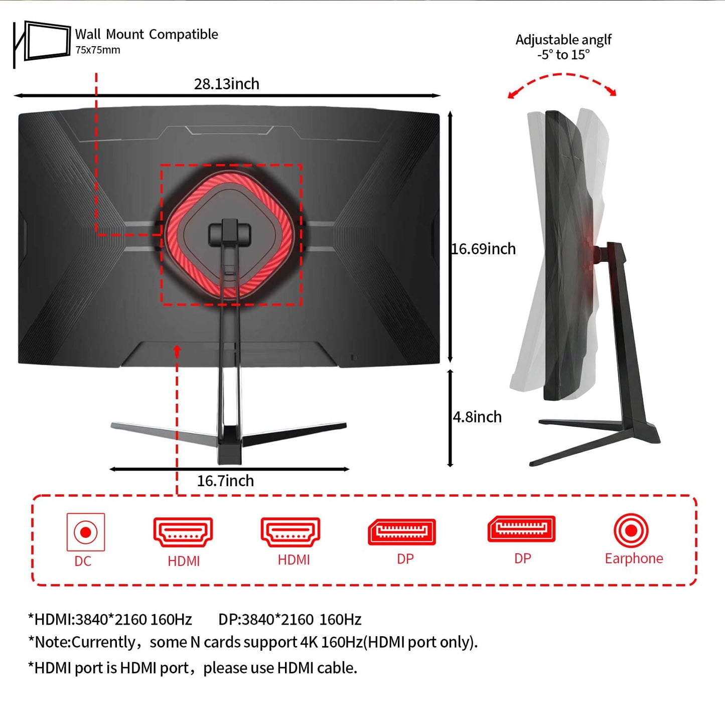 ZZA 32 Inch Curved Gaming Monitor 4K 160HZ Computer Monitor UHD 3840 * 2160P VA Screen, 1500R Curved, Supports AMD Freesync, 100% sRGB, Built-in Wall Mountable Installs(HDMI 2.1/DP 1.4)