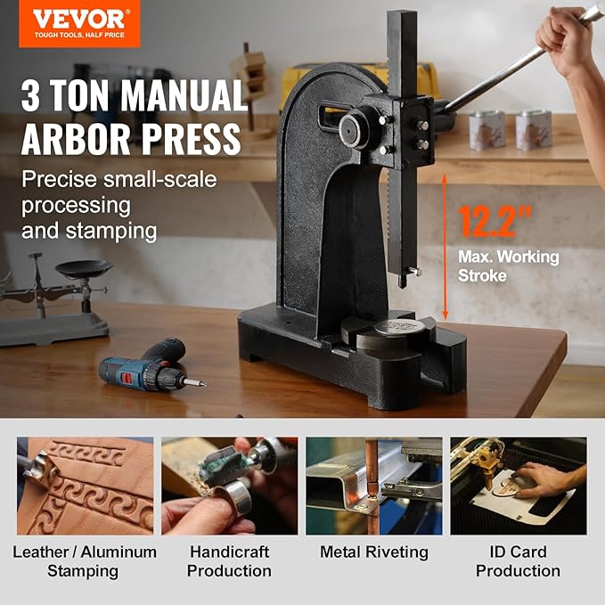 VEVOR Arbor Press, 3 Ton Manual Arbor Press, 12.2" Maximum Height, Cast Iron Heavy-duty Manual Desktop Arbor Press, Precision Hand Press for Stamping, Bending, Stretching, Forming