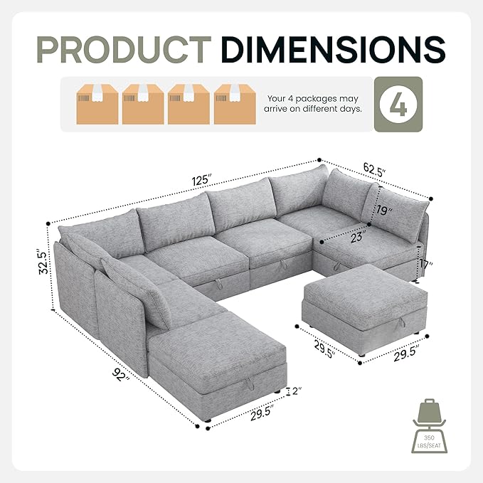 Oversized Modular 8 Seater Sofa with Removable Covers and Storage, Convertible U, L-Shaped and Sleeper Sectional, Modern Sectional Couch with Ottoman Chaise for Living Room, Bedroom, Apartment, Gray