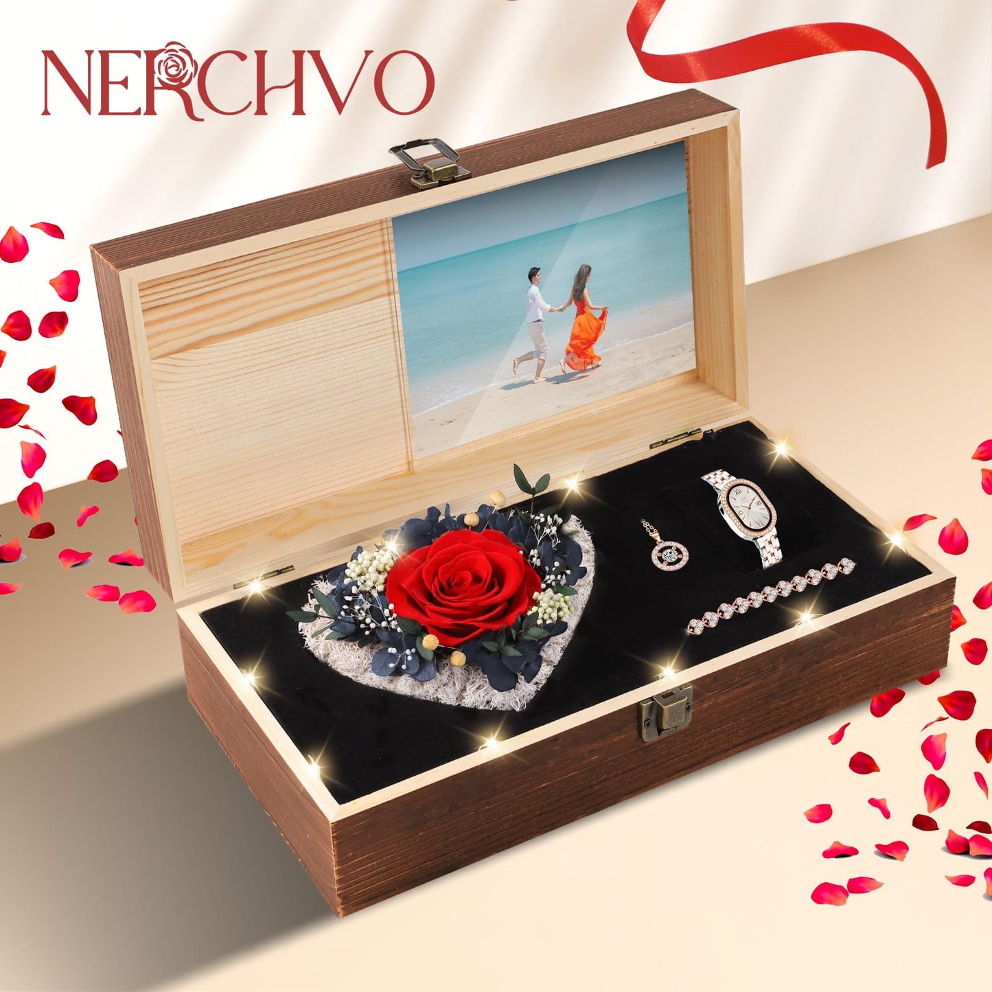 NERCHVO Birthday Gifts for Women - Preserved Roses with Watch Sets Romantic Women's Gifts for Women,Daughters, Sister, Girlfriend on Birthday, Anniversary, Thanksgiving, Christmas - Red
