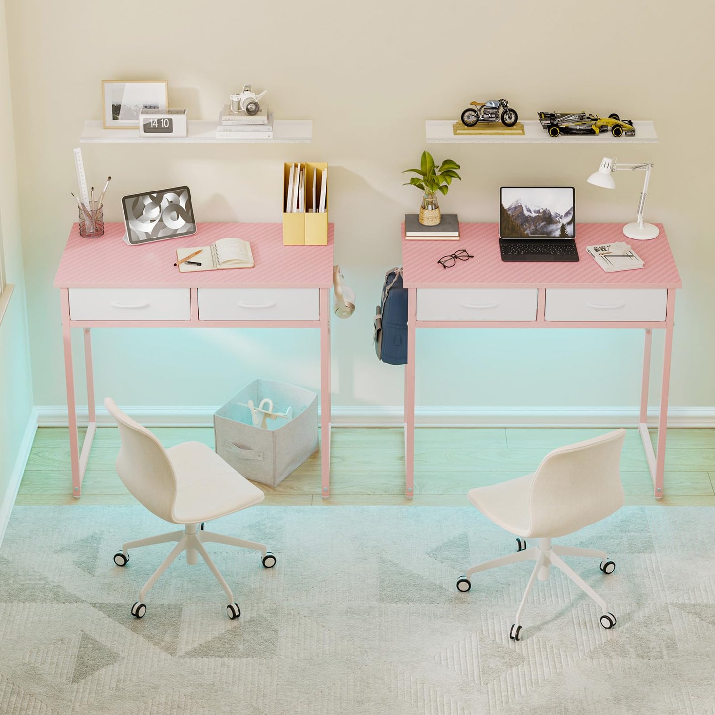 Pinmoco Small Desk with 2 Fabric Storage Drawers, Vanity Desk with LED Light, Home Office Computer Desk for Bedroom Small Spaces, Adjustable Feet, Pink