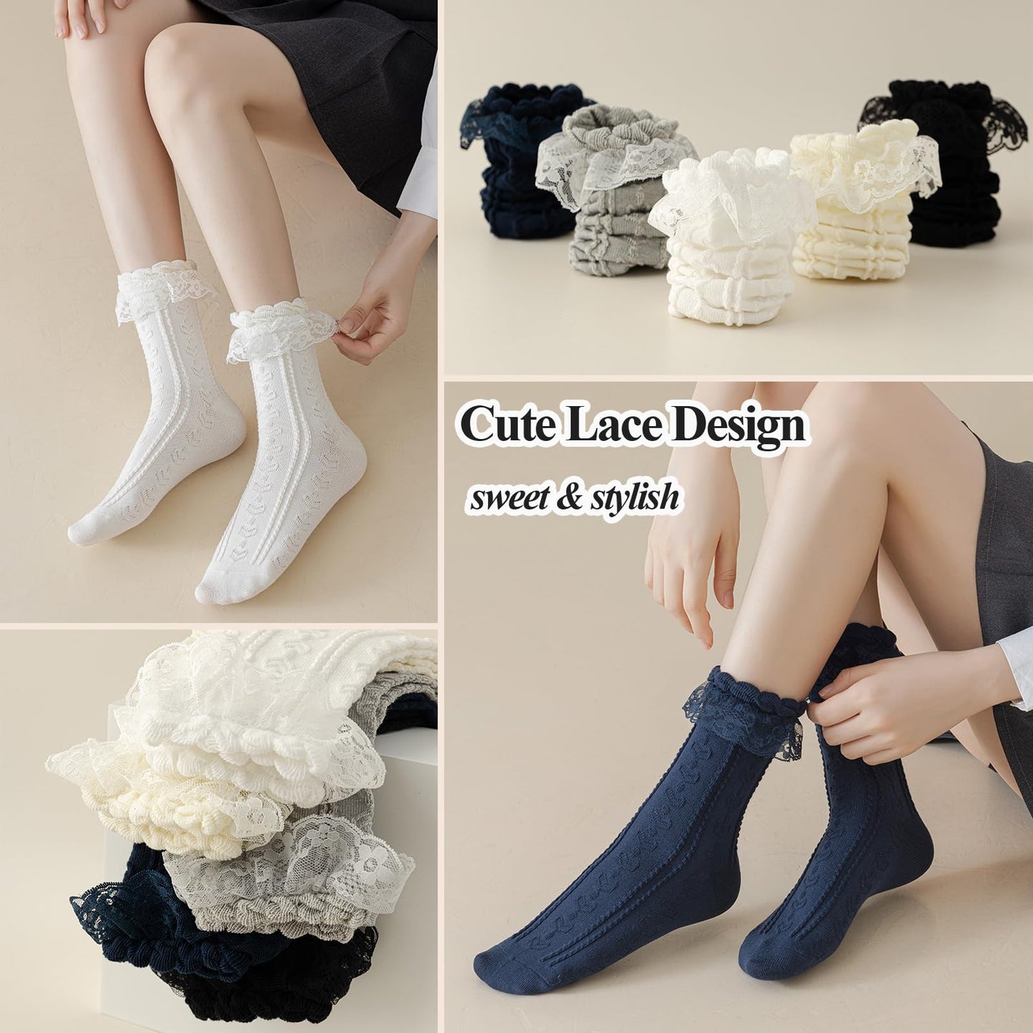 BIVOLU Womens Crew Socks Lace Ruffle Frilly Cotton Cute Princess Ankle Dress Socks for Girl 5 Pack