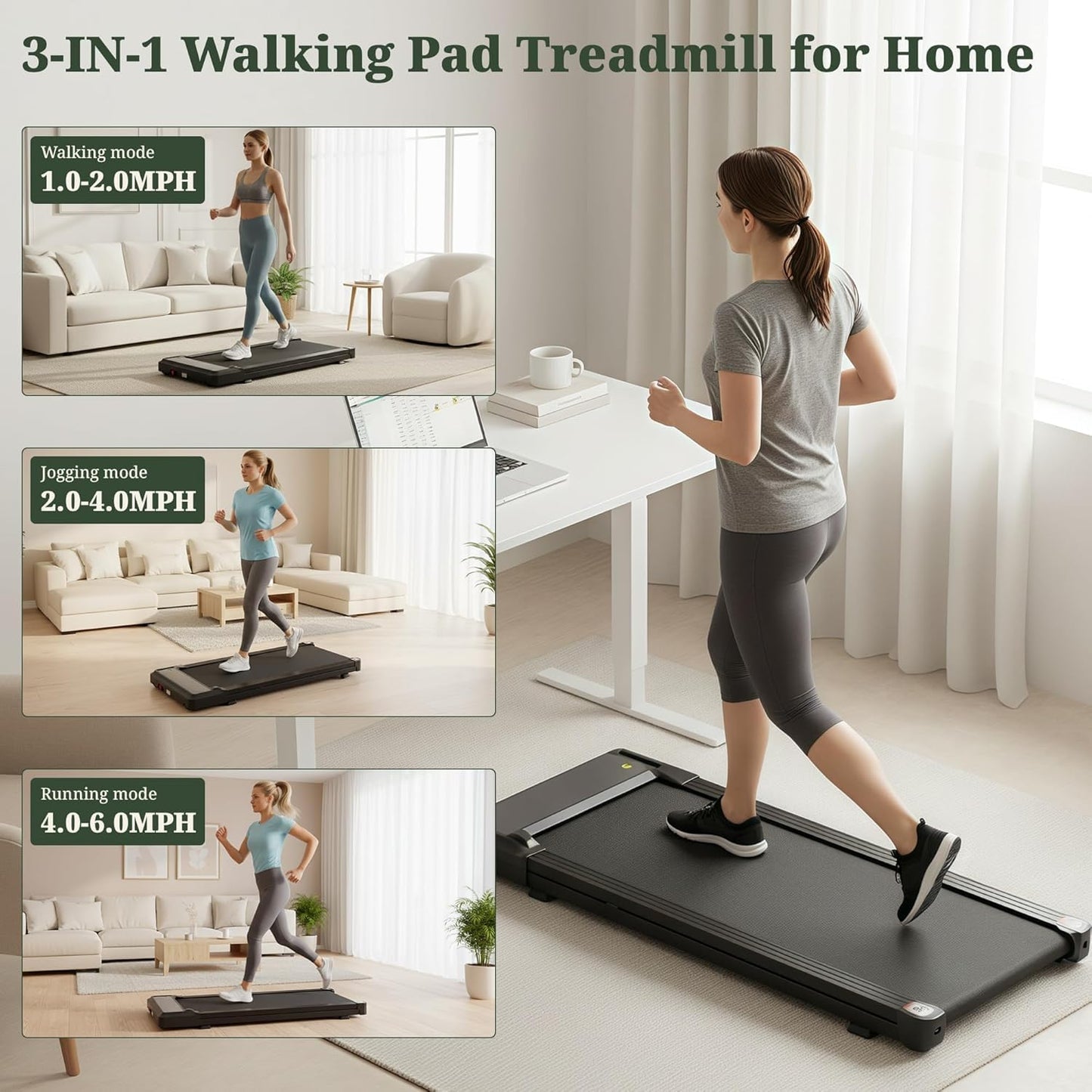 Walking Pad Treadmill, 3 in 1 Portable Under Desk Treadmills for Home Small Space, Quiet Compact Folding Treadmill with Remote Control, 320 LBS Capacity, Jet Black