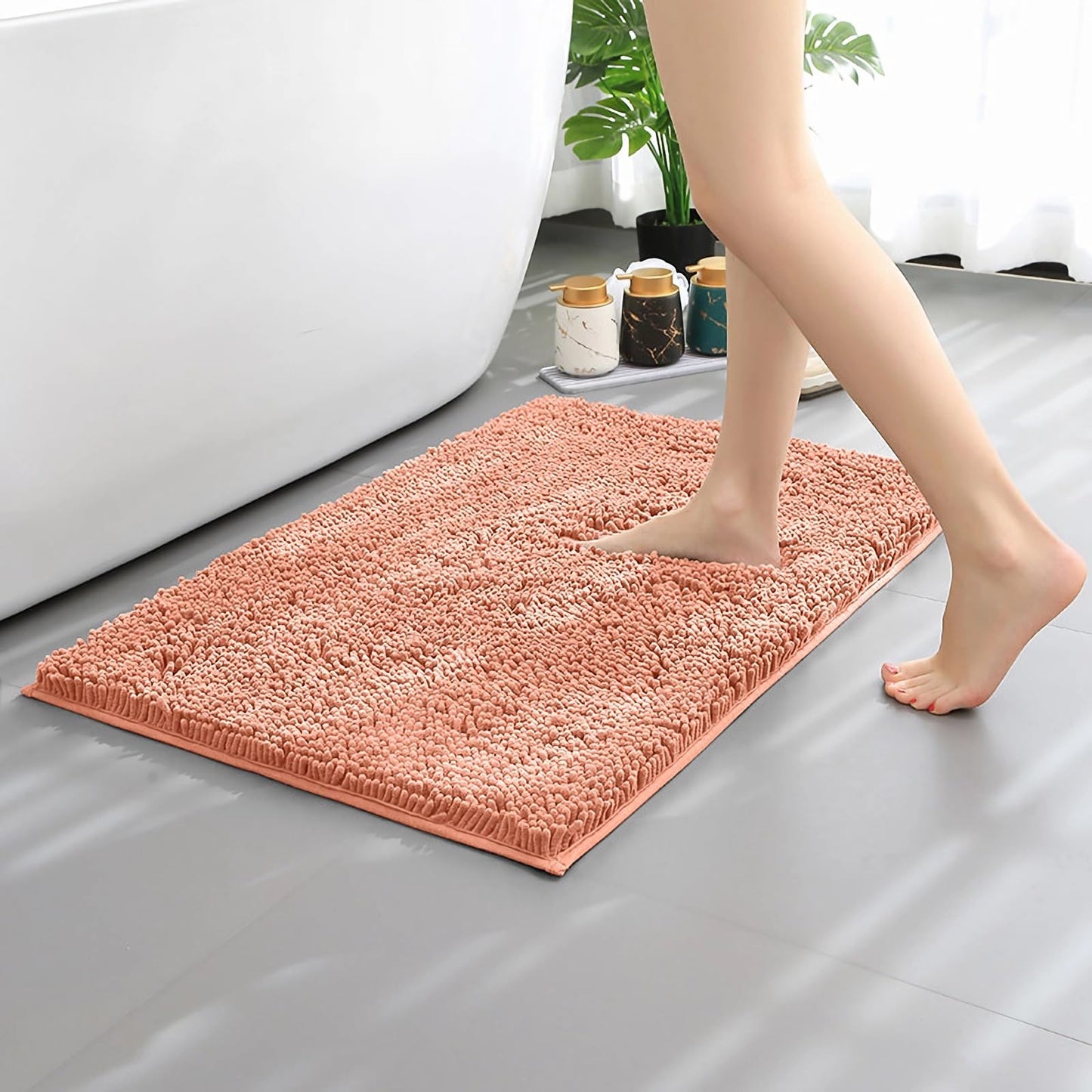 OWIYA Bathroom Rugs Mat 24x17 Non Slip Chenille Bath Mats Bath Rugs for Bathroom Shower Light Orange