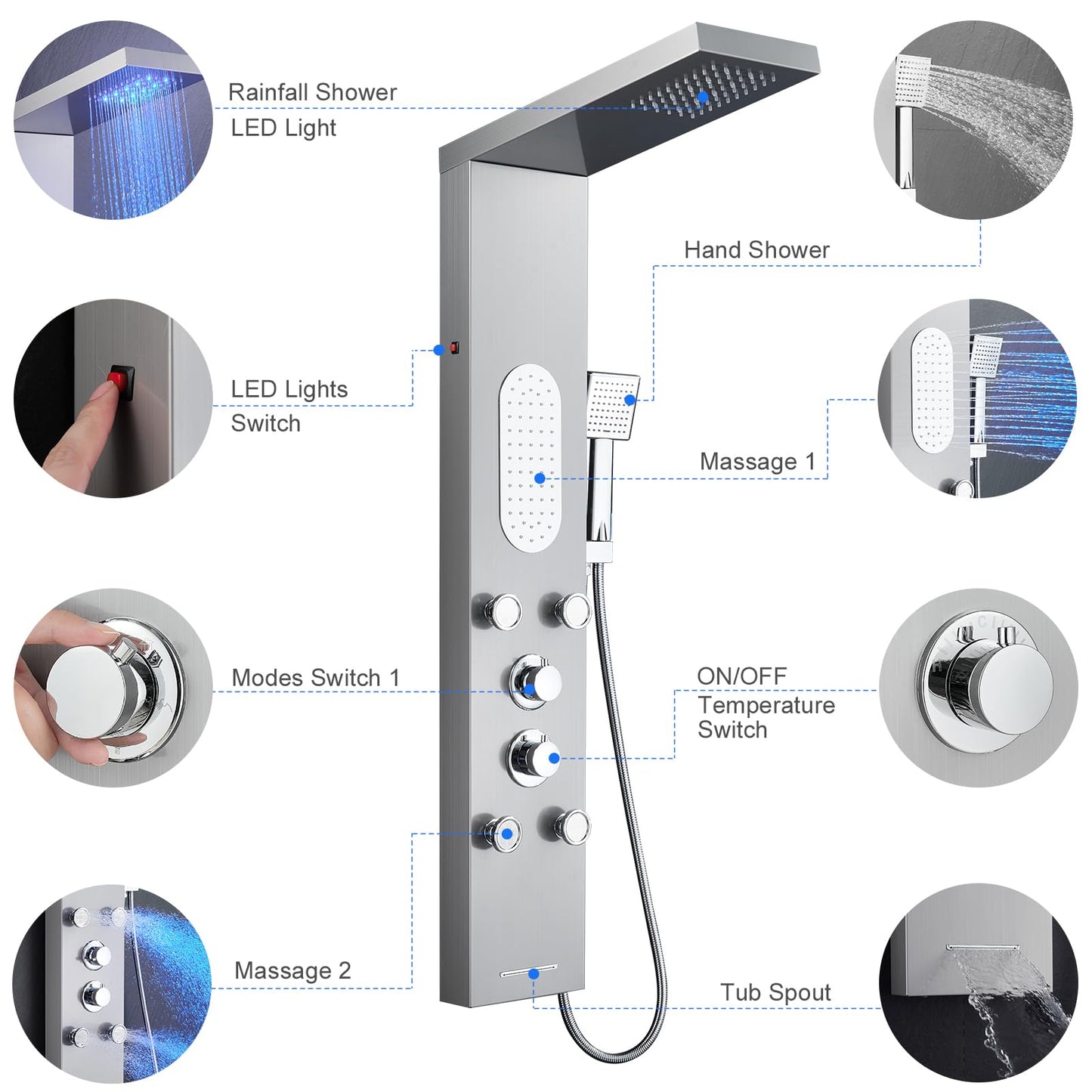 MENATT Luxury Shower Tower System with LED Shower Head, 5 Functions Shower Panel Tower System with 4 pcs Body Massage Jets,Body Waterfall Spray, Handheld Shower and Tub Spout, Brushed Finish