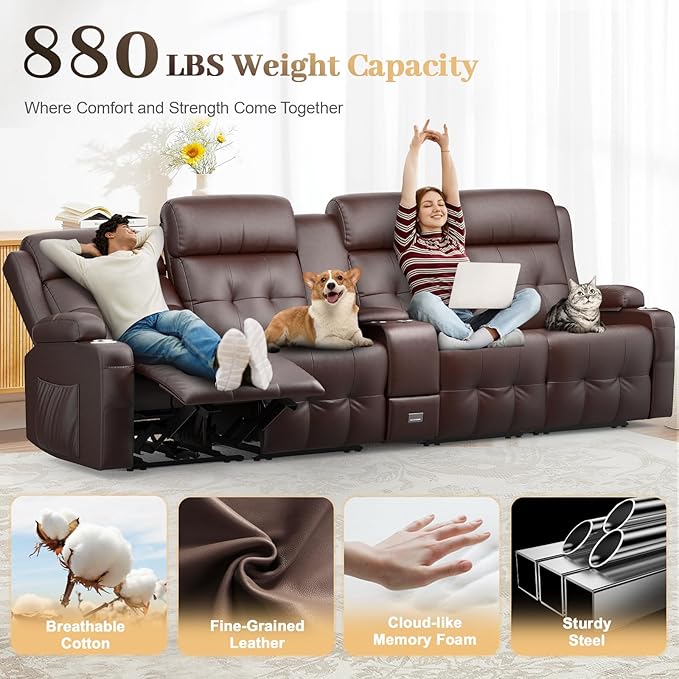 Aotolo Recliner Sofa, Massage Reclining Sofa 4 Seater Sets Heavy Weight Capacity, RV Loveseat Couch Clearance with Console, USB, Type C Port, Storage, Cup Holders, Wall Hugger Chair for Living Room