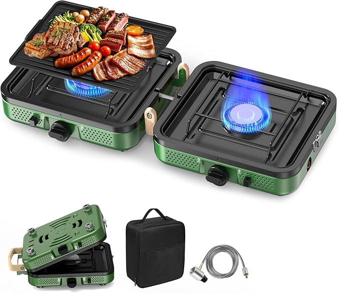 2 Burner Camping Stove, 20000 BTU Propane Camp Stove Portable Folding Gas Travel Stove Camping Essentials Gears Includes G...