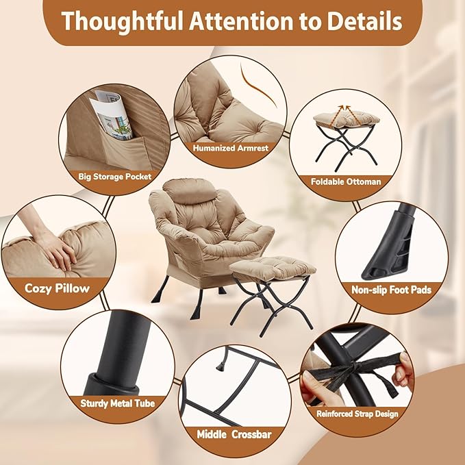 Youtanic Lazy Chair with Folding Ottoman, Accent Chair Velvet Upholstered with Metal Structure and Non-Slip Pads, Sofa Armchair with Footrest and Side Storage Bag for Dorm, Room, Office, Khaki