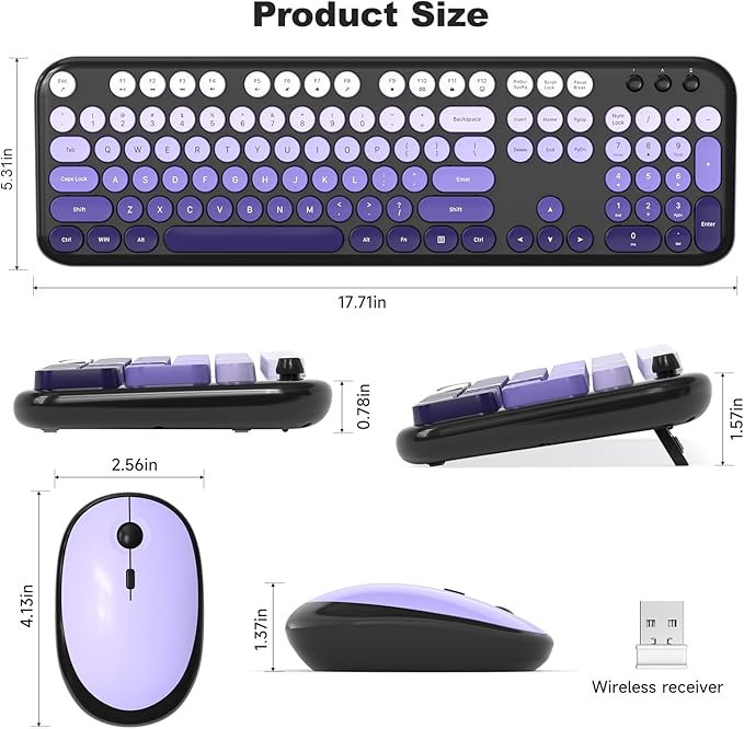 Wireless Keyboard Mouse Combo, Typewriter Full Size Keyboard and 2 in 1 USB Connected Mouse for Windows 7/8/10, Laptop, Desktop, PC, Computer (Black Purple)