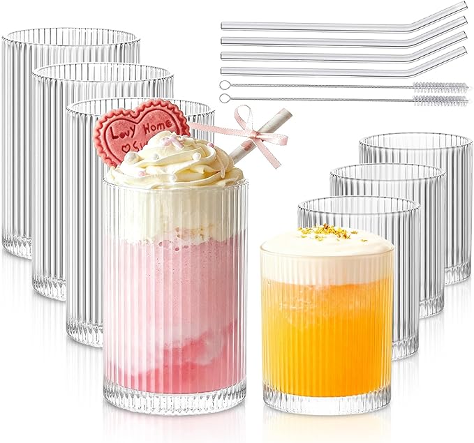 INSETLAN Set of 8 Ribbed Glassware - 4 Large Glasses 17 oz, 4 Rocks Glass Cups 10 oz, Vintage Glassware Cocktail Glasses, ...