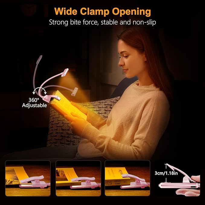Gritin 19 LED Rechargeable Book Light for Reading in Bed with Memory Function- Eye Caring 3 Color Temperatures,Stepless Dimming Brightness,80 Hrs Runtime Clip on Light for Book Lovers-Pink