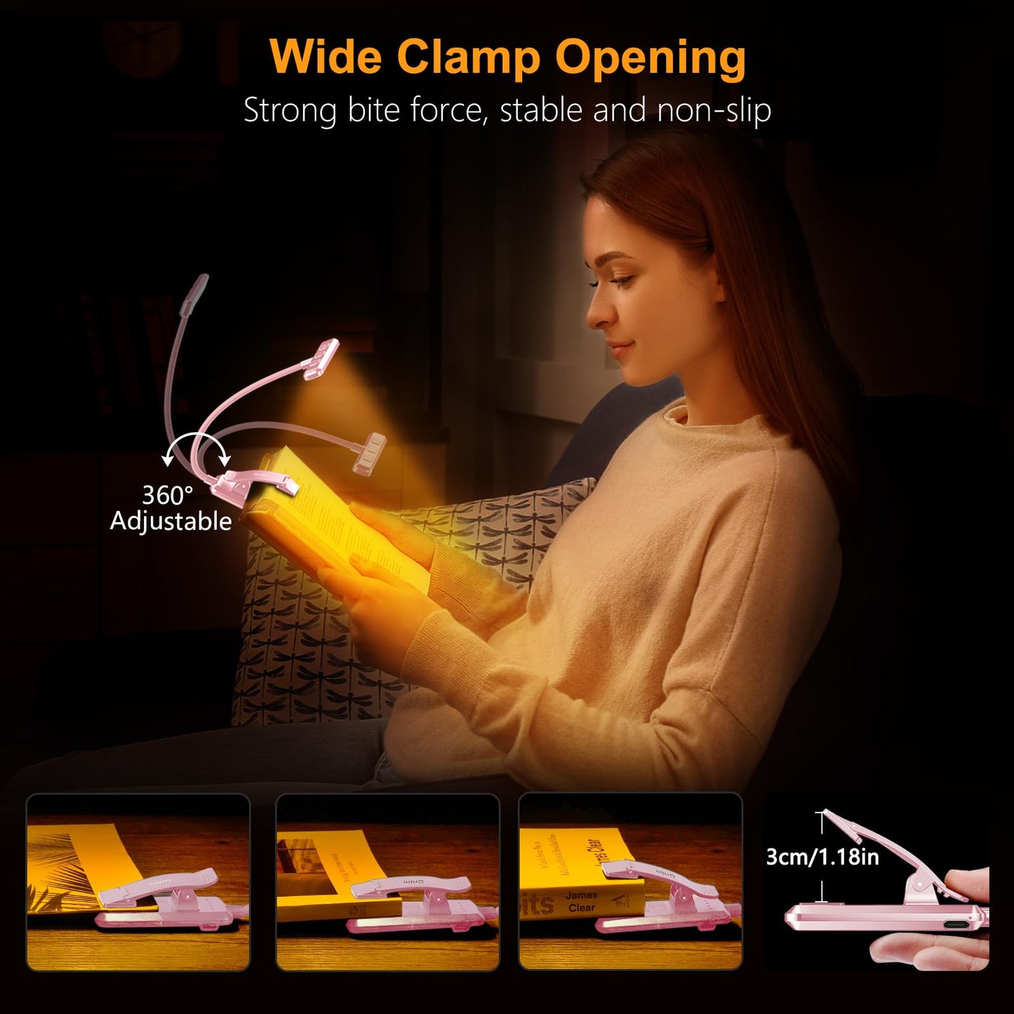 Gritin 19 LED Rechargeable Book Light for Reading in Bed with Memory Function- Eye Caring 3 Color Temperatures,Stepless Dimming Brightness,80 Hrs Runtime Clip on Light for Book Lovers-Pink