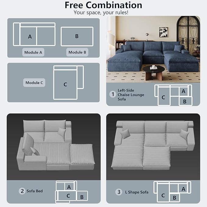 107" Cloud Sectional Couch U-Shaped Chaise with Ottoman, Corduroy Boneless Couch for Living Room Bedroom, Deep-Seat Upholstered Modular Cloud Sofa, No Assembly Required (Blue, Left Facing Chaise)