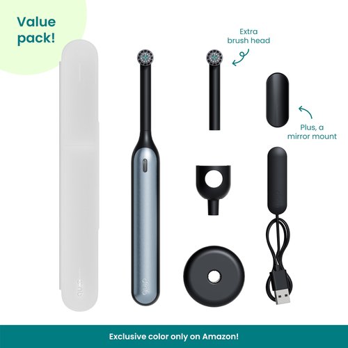 Quip Rev 360 Oscillating Rechargeable Electric Toothbrush with Replaceable Brush Head - Soft Bristles, Pressure Sensor, 3 Intensities, 30-Day Battery Life, Travel Case - Blue Stone