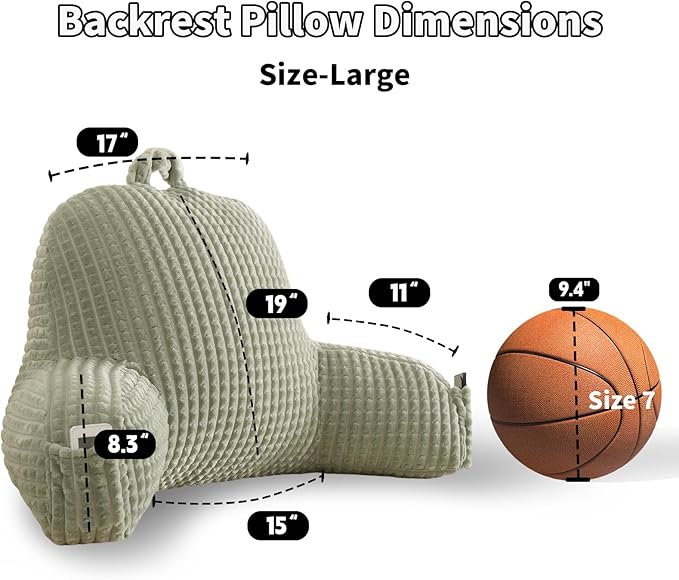PAJEO Reading Pillow for Sitting in Bed, Large Backrest Reading Pillow with Arm Rest,Back-Rest Support Cushion for Sit Up on Couch, Sofa, and Floor, Dorm Essentials (Green Flannel, Large(19"))