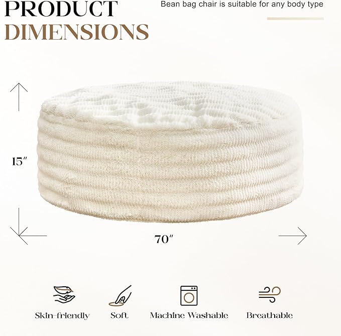 Hobestluk Bean Bag Chairs Beanbag Chair with Filler Adult Bean Bags with Fluffy Ripple Cover, Giant Bean Bag Chairs for Adults (White, 6FT - 70" x 70" x 15")